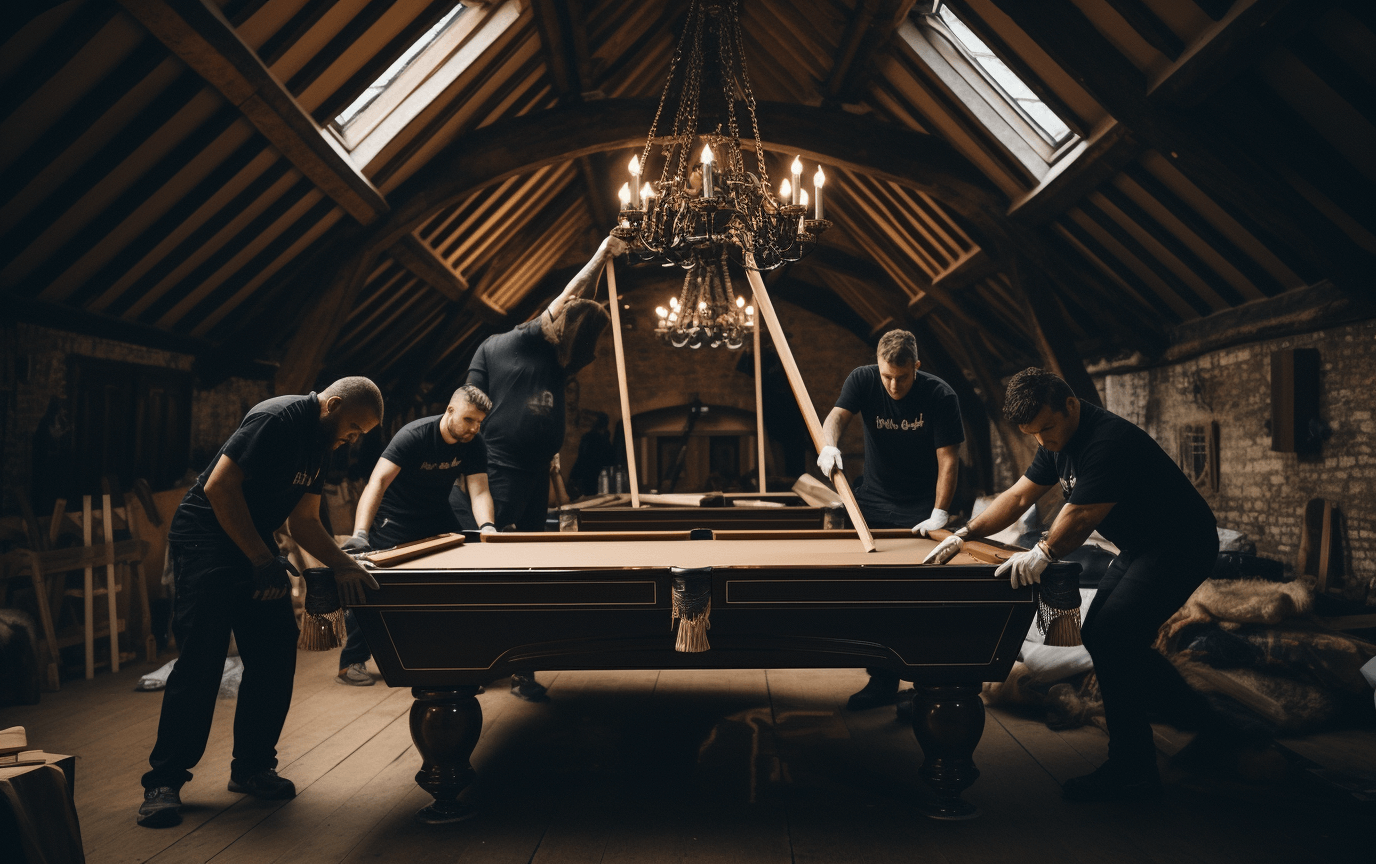movers assembling a pool table