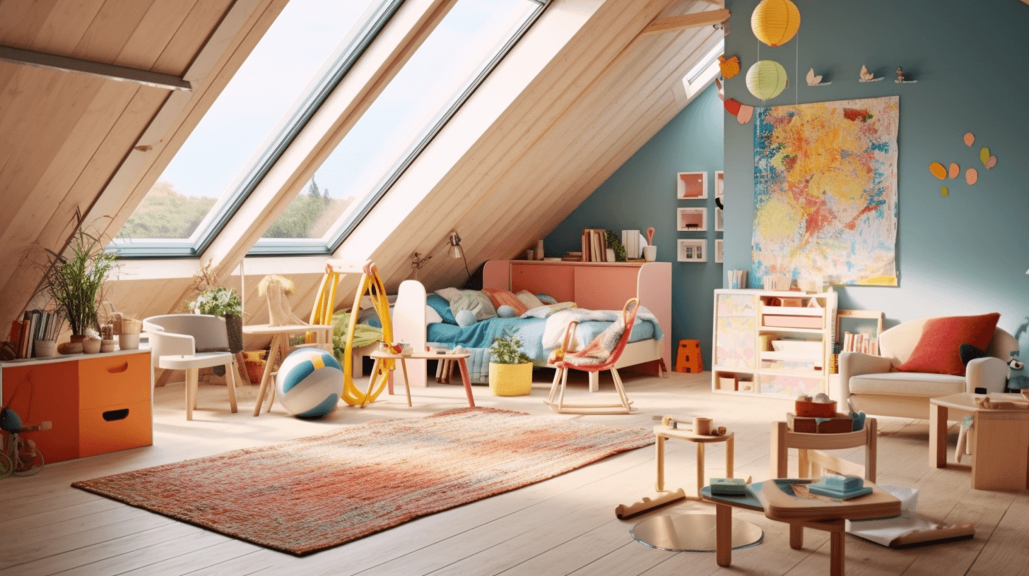 kids toy storage by the loft bed in attic