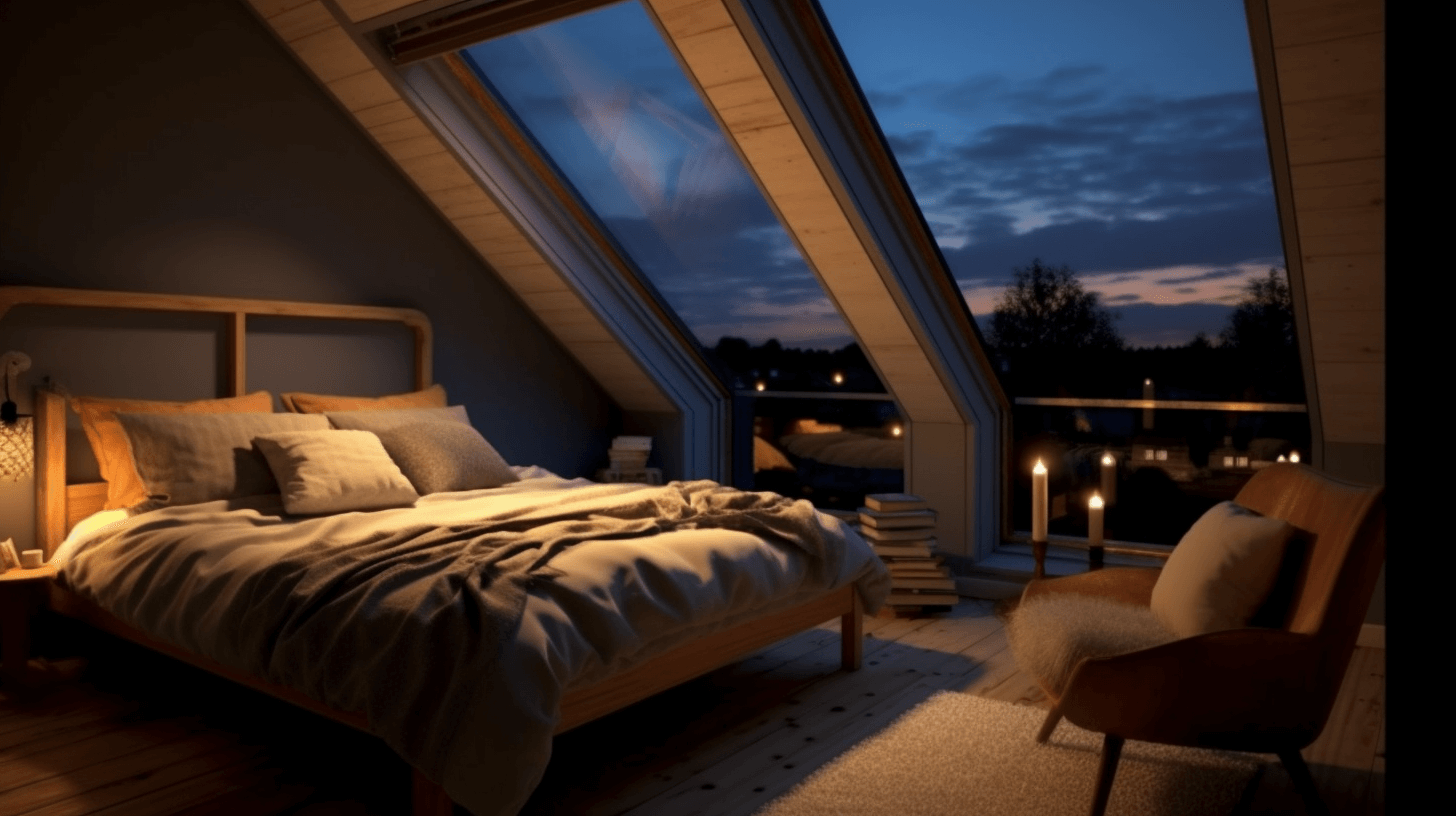 Velux loft bedroom in night setting