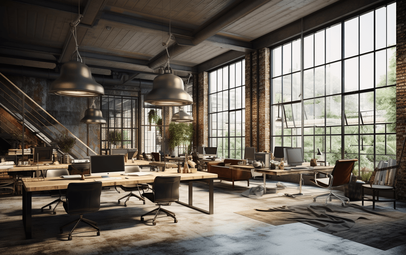 industrial loft office with floor to ceiling windows